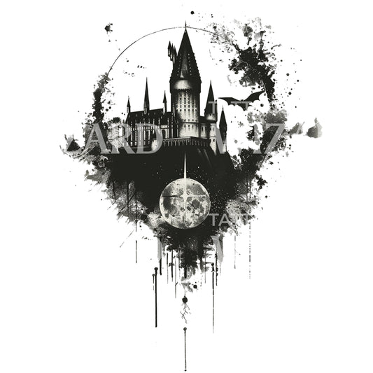 Floating Hogwarts Castle and Moon Tattoo Design