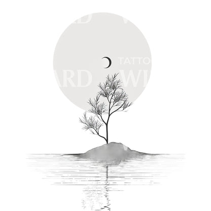 Crescent Moon and an Island Tattoo Design