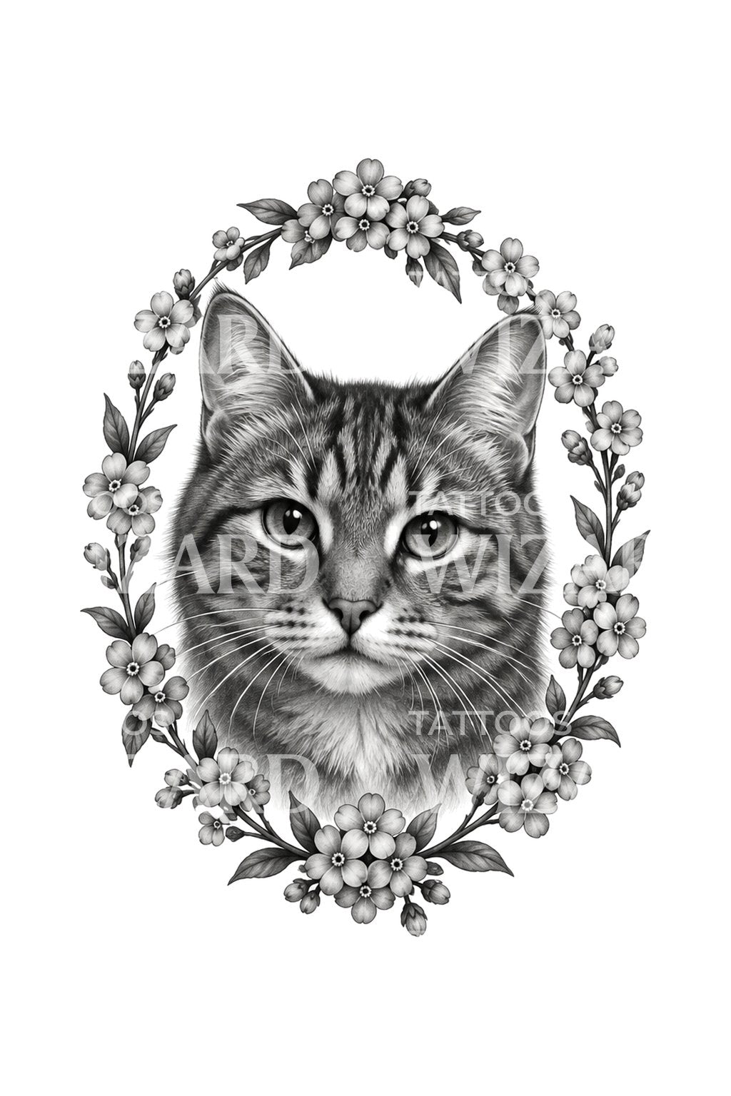 Tabby Cat Portrait Floral Oval Tattoo Design