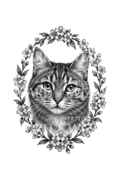Tabby Cat Portrait Floral Oval Tattoo Design
