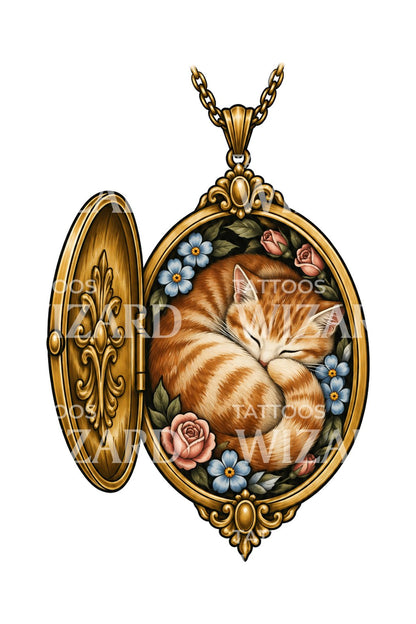 Tabby Kitten Keepsake Locket Tattoo Design