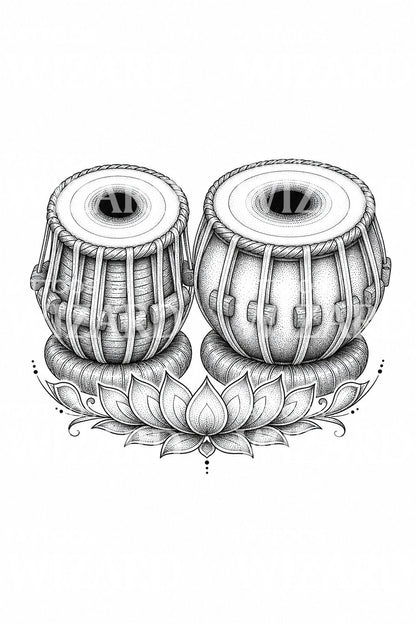 Tabla Drums with Lotus Tattoo Illustration