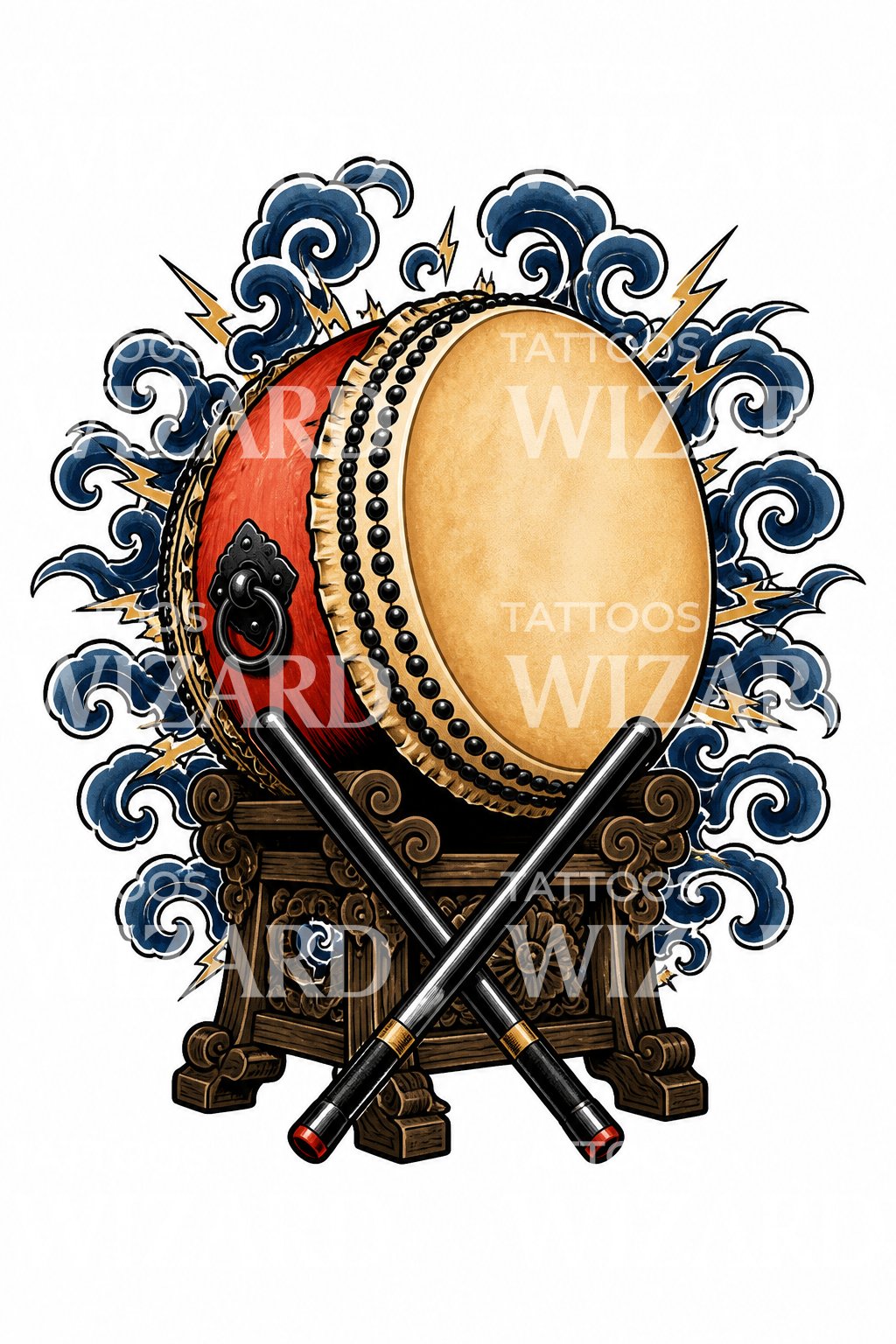 Taiko Drum with Thunder Waves Tattoo Design