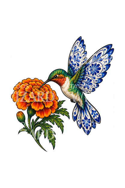 Talavera Pattern Hummingbird with Marigold Tattoo Design