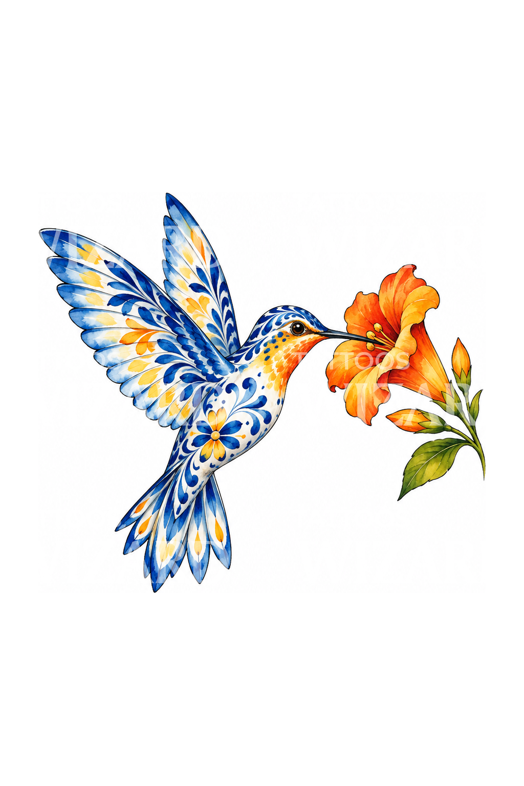 Talavera Pattern Hummingbird with Orange Flower Tattoo Idea