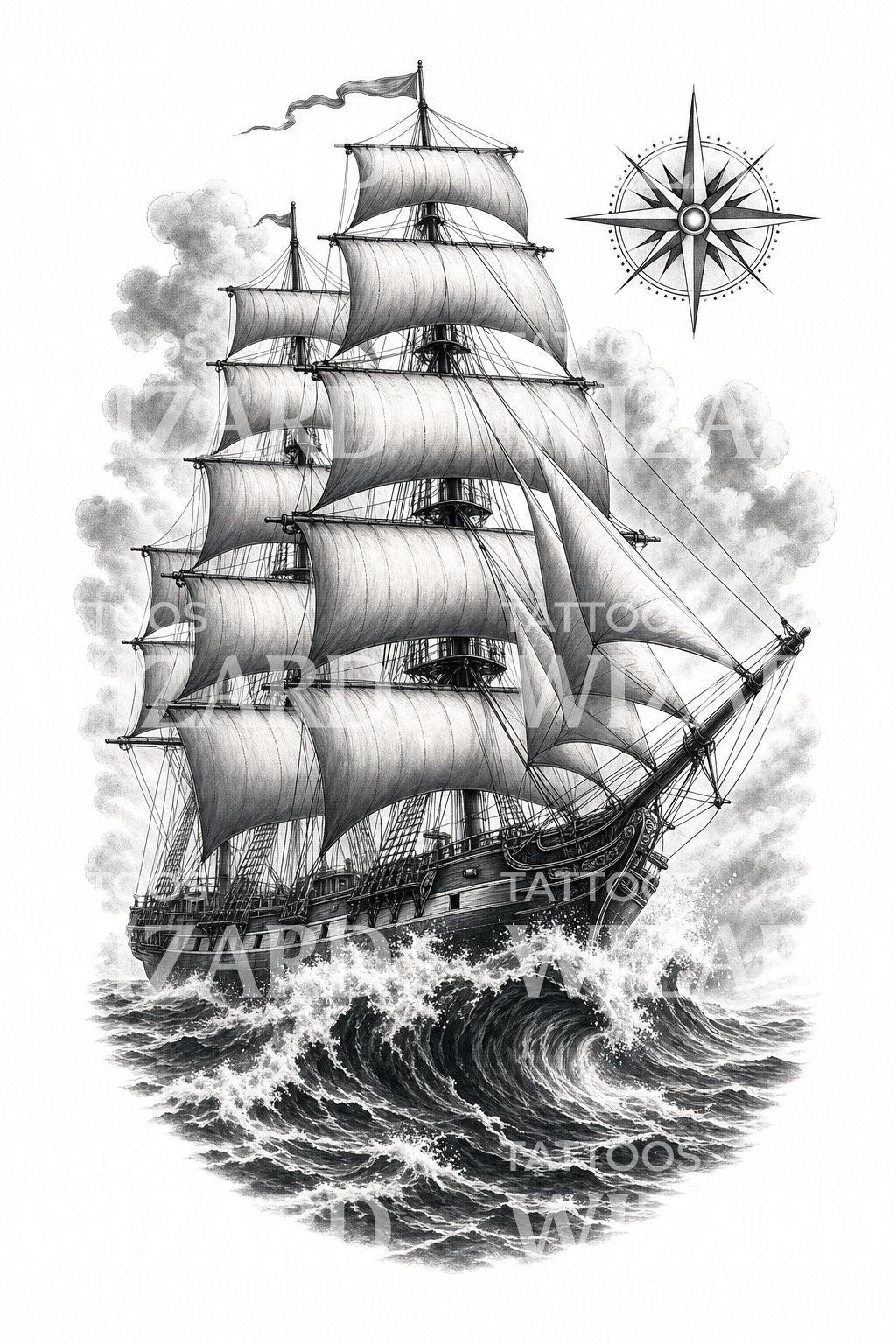 Tall Ship at Sea Tattoo Design