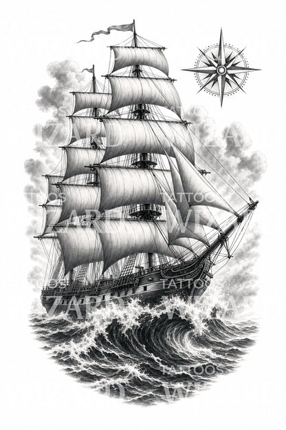 Tall Ship at Sea Tattoo Design