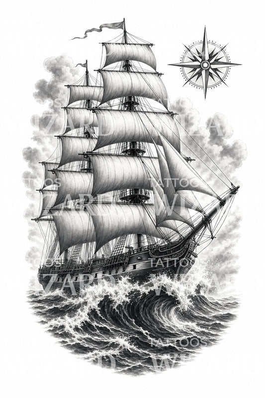 Tatoveringsdesign med højt sejlskib på havet