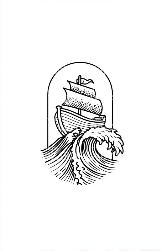 Tall Ship Wave Tattoo Illustration