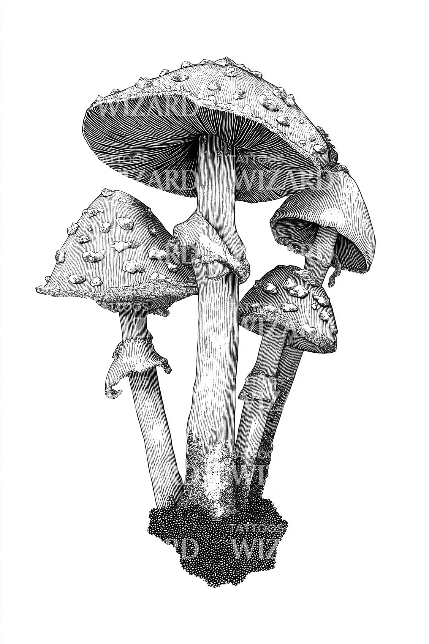 Tall Woodland Mushrooms Tattoo Design