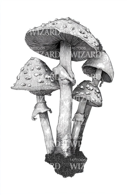 Tall Woodland Mushrooms Tattoo Design