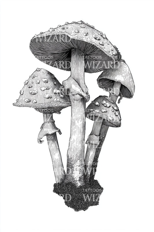 Tall Woodland Mushrooms Tattoo Design