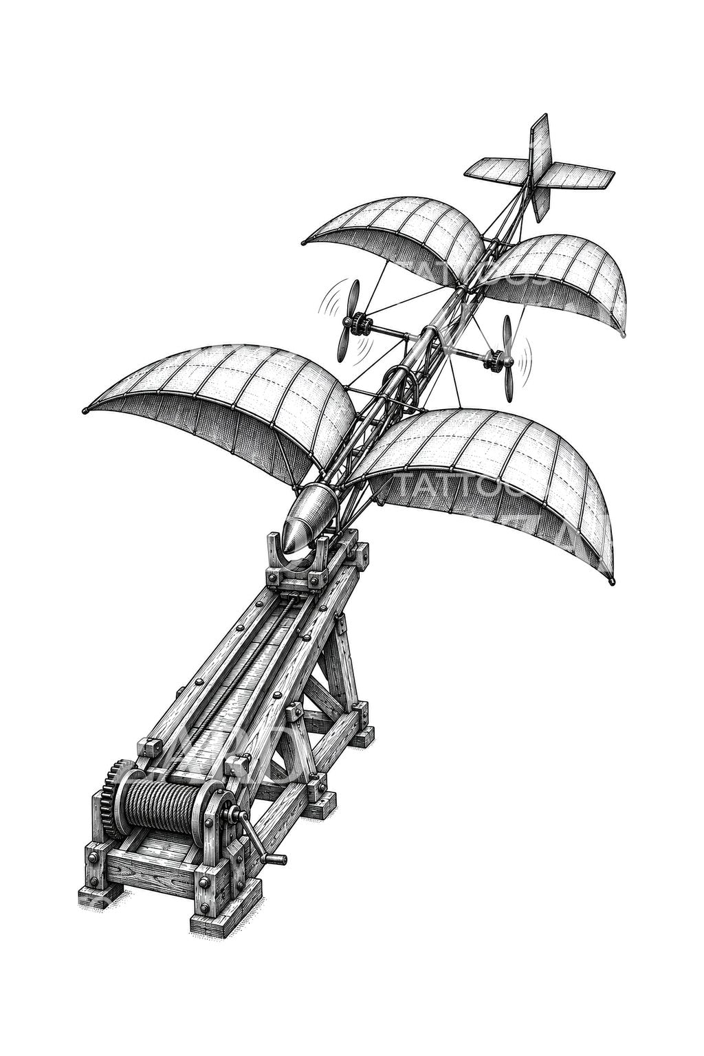 Tandem Wing Aerodrome and Catapult Tattoo Design