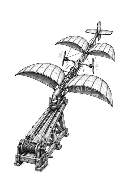 Tandem Wing Aerodrome and Catapult Tattoo Design