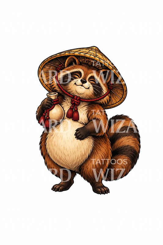 Illustration de tatouage d’un tanuki au chapeau de paille