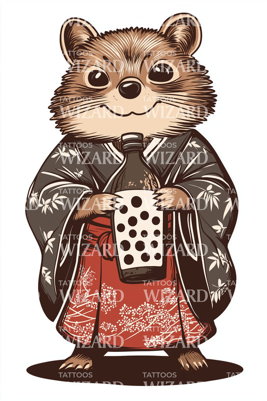 Tanuki Kimono Tea Tattoo Design
