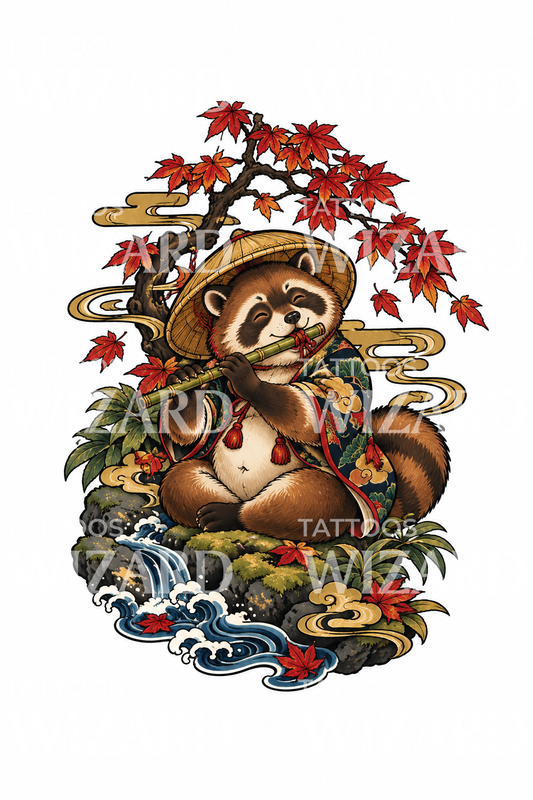 Japansk tatovering av en tanuki som spiller fløyte