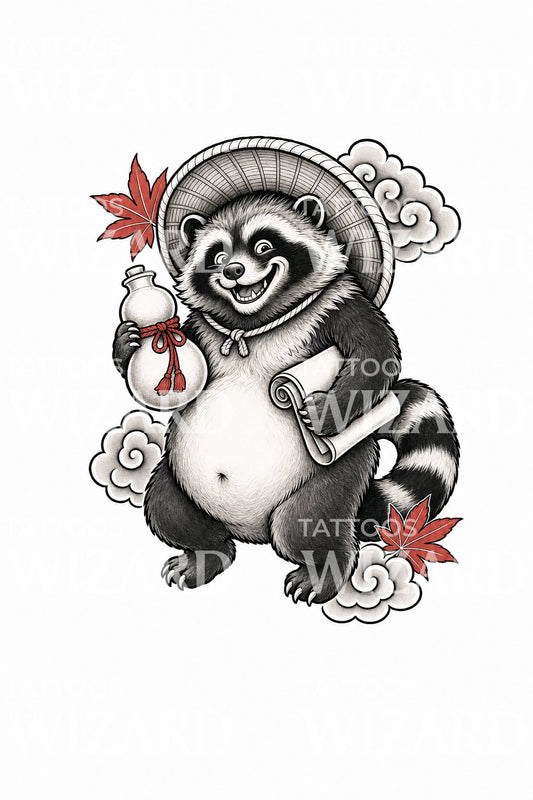 Illustrazione tatuaggio tanuki yokai con zucca da sake