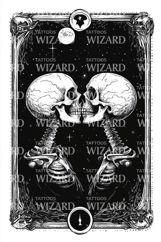 Tarot Card with Mirrored Skulls Tattoo Design