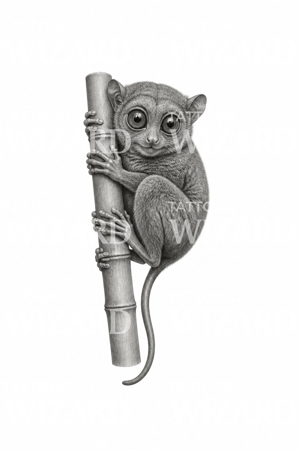 Tatueringsillustration av en spökapa som klamrar sig fast vid bambu
