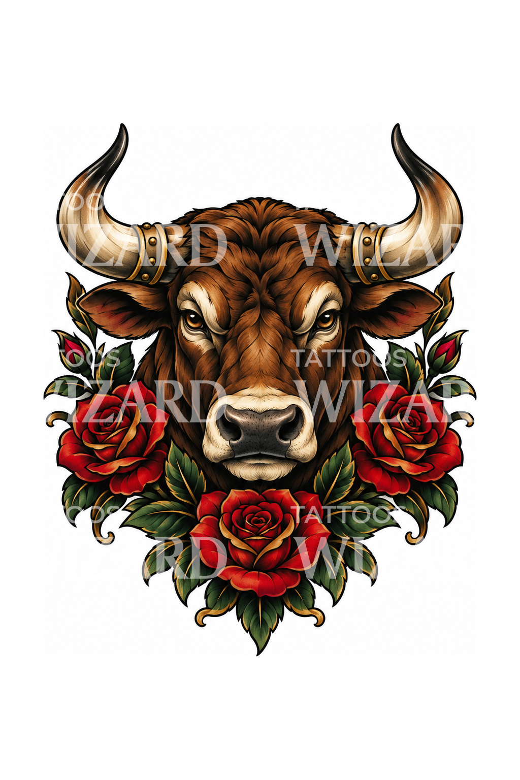Taurus Bull Head with Roses Tattoo Illustration