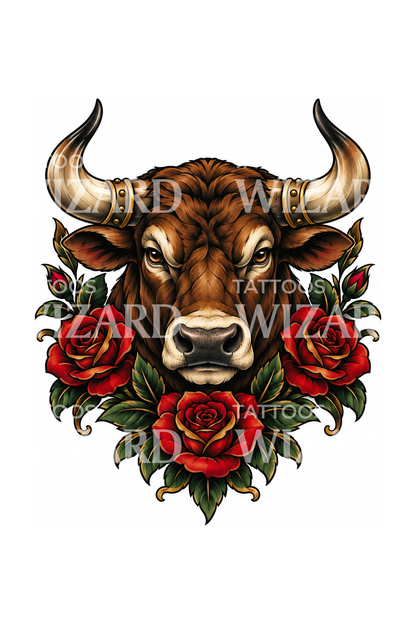 Taurus Bull Head with Roses Tattoo Illustration