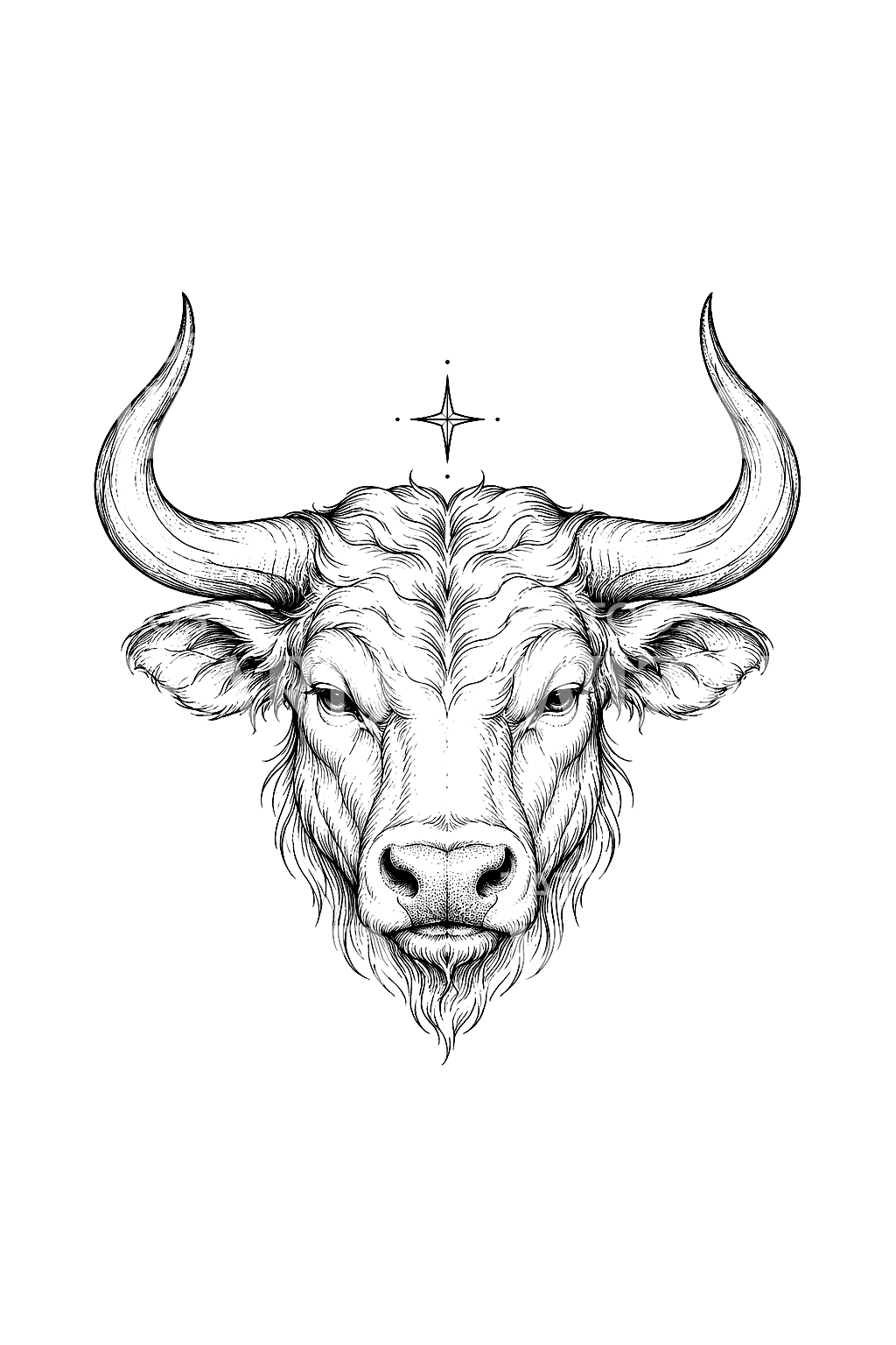 Tatouage en fine ligne d’une tête de Taureau avec étoile
