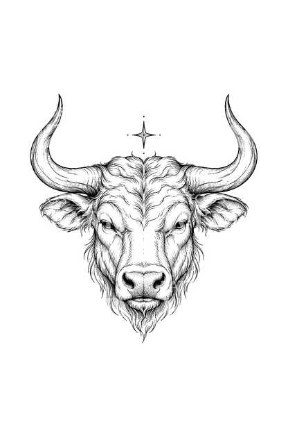 Tatouage en fine ligne d’une tête de Taureau avec étoile
