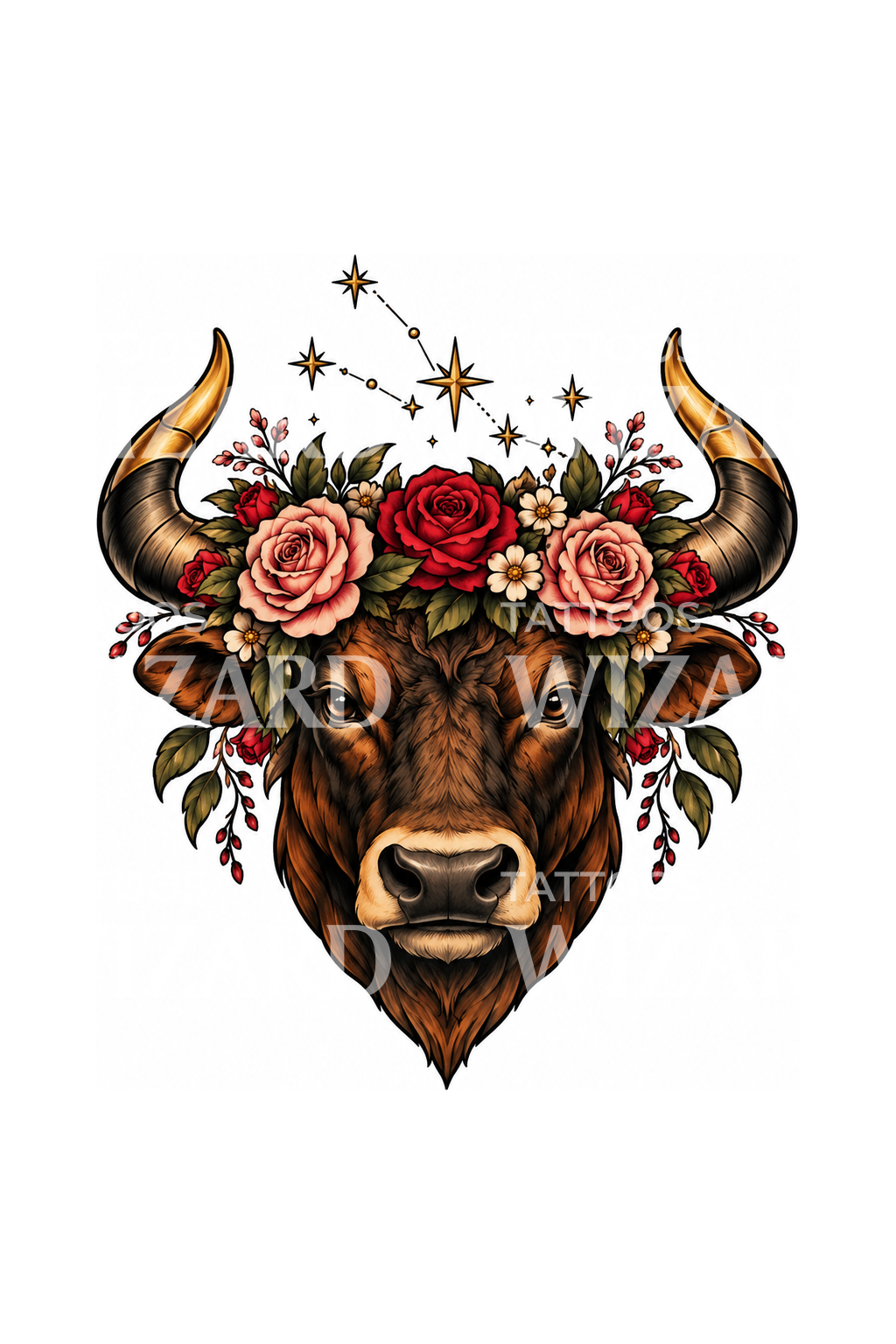 Taurus Bull with Rose Crown Tattoo Design