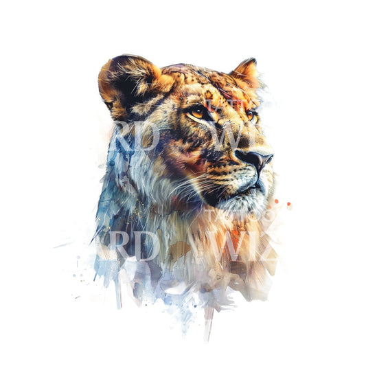 Realistic Watercolor Lioness Tattoo Design