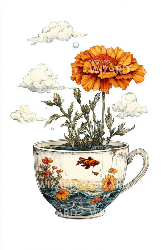 Tea Cup Carnation Tattoo Illustration