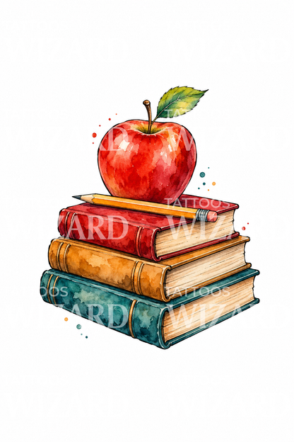 老师苹果与书本水彩纹身创意