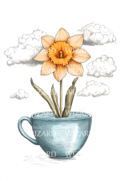 茶杯阳光水仙花纹身插图