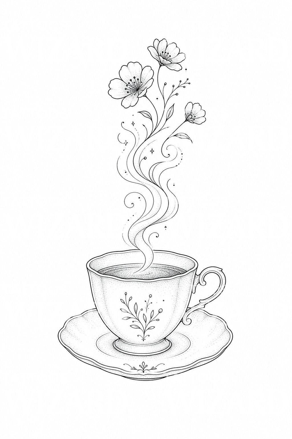 Teacup with Floral Steam Tattoo Design