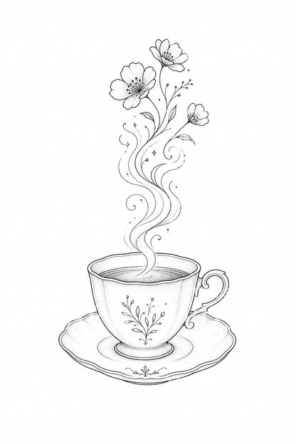 Teacup with Floral Steam Tattoo Design