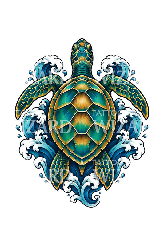 Teal and Gold Turtle Wave Crest Tattoo Design
