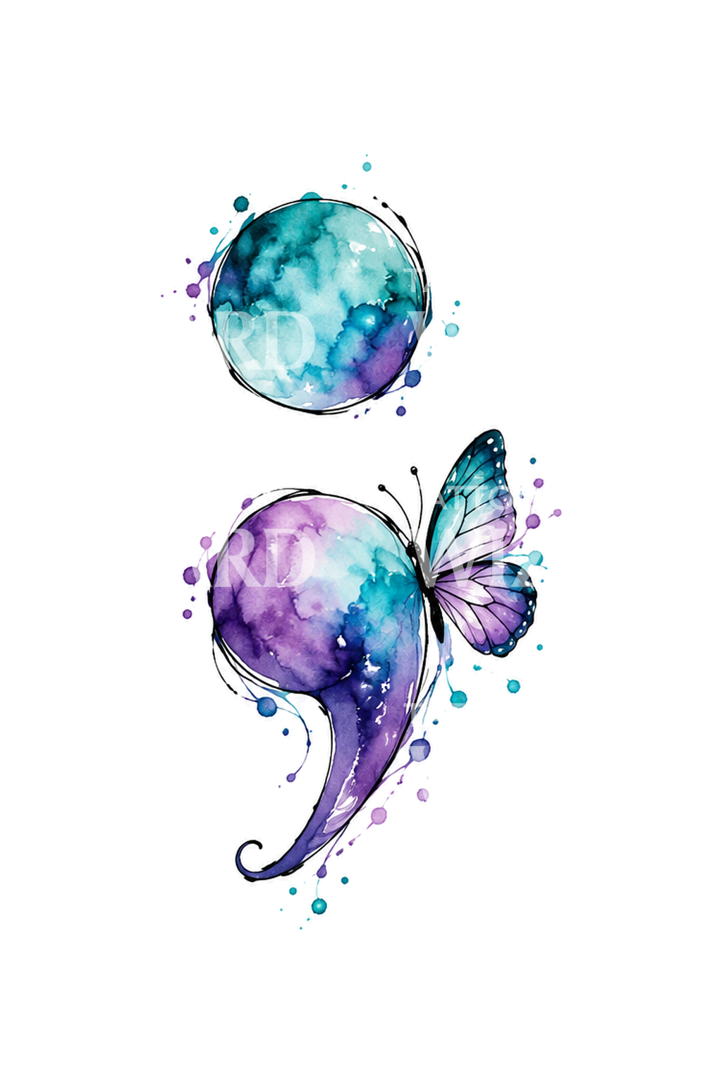 Aquarell-Tattoo mit türkis-purpurfarbenem Semikolon und Schmetterling