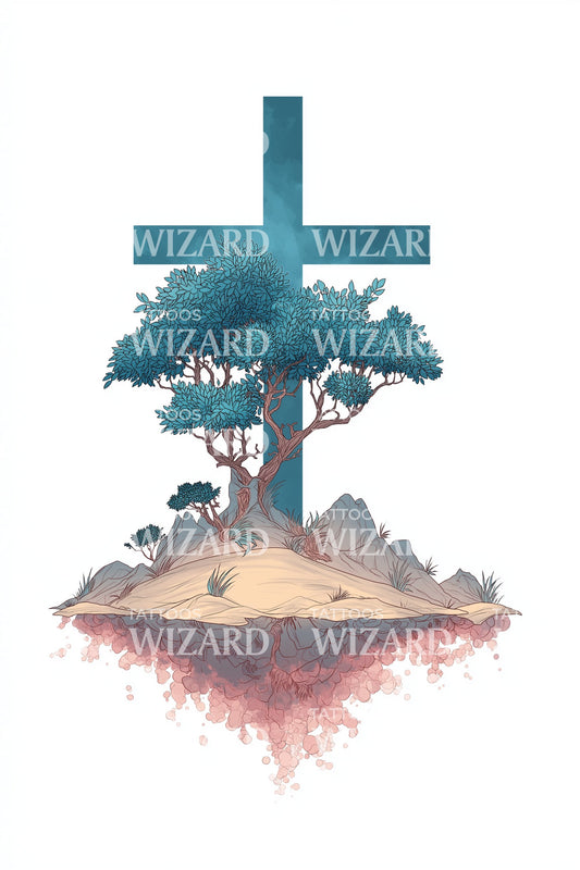 Teal Cross Island Tattoo Design