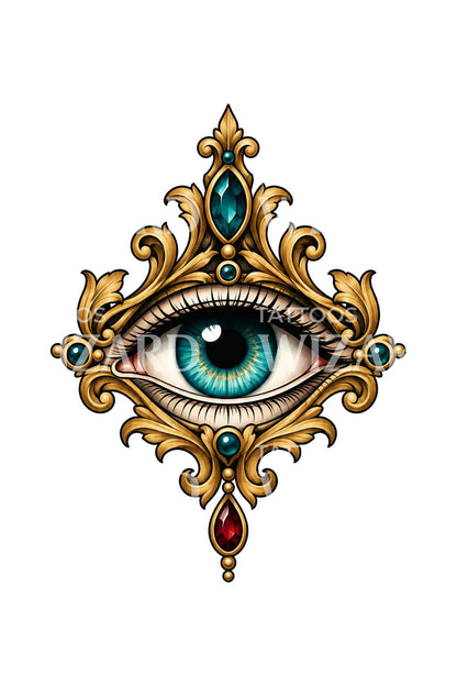 Tatoeageontwerp van een turkoos oog in een barokke gouden lijst