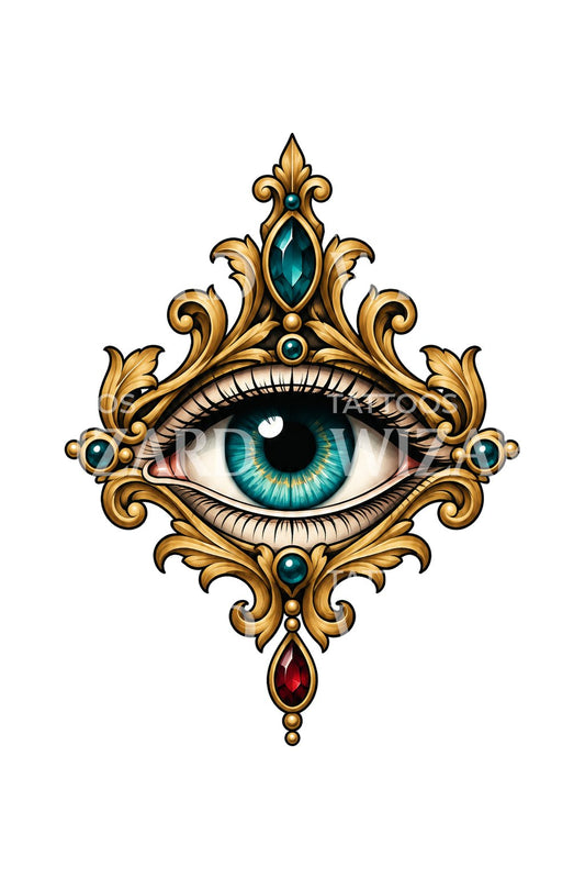 Design de tatouage d’un œil turquoise dans un cadre doré baroque