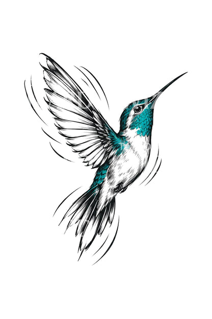 Tatuaggio colibrì color teal in stile schizzo a inchiostro
