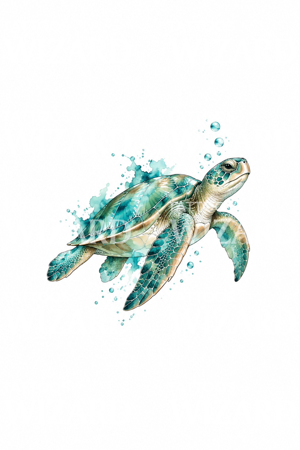Turquoise zeeschildpad met bubbels, aquarel tattoo-ontwerp