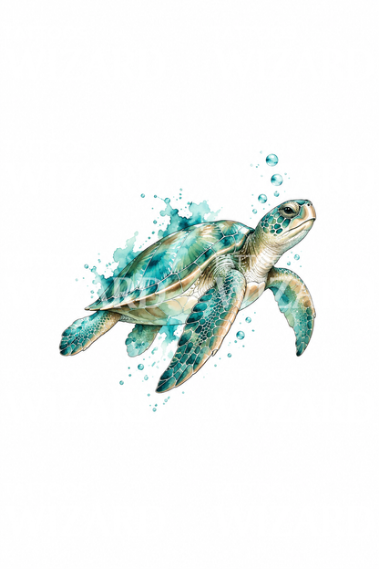 Turquoise zeeschildpad met bubbels, aquarel tattoo-ontwerp