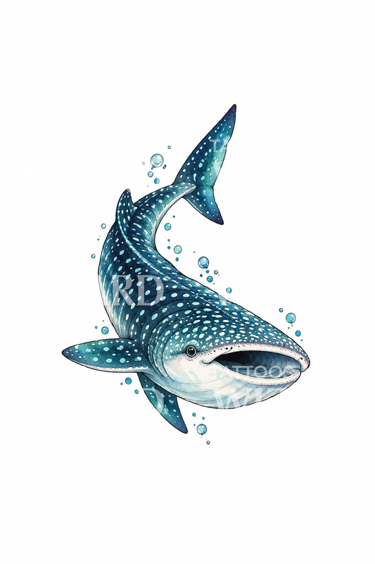 Aquareltattoo van een walvishaai in teal