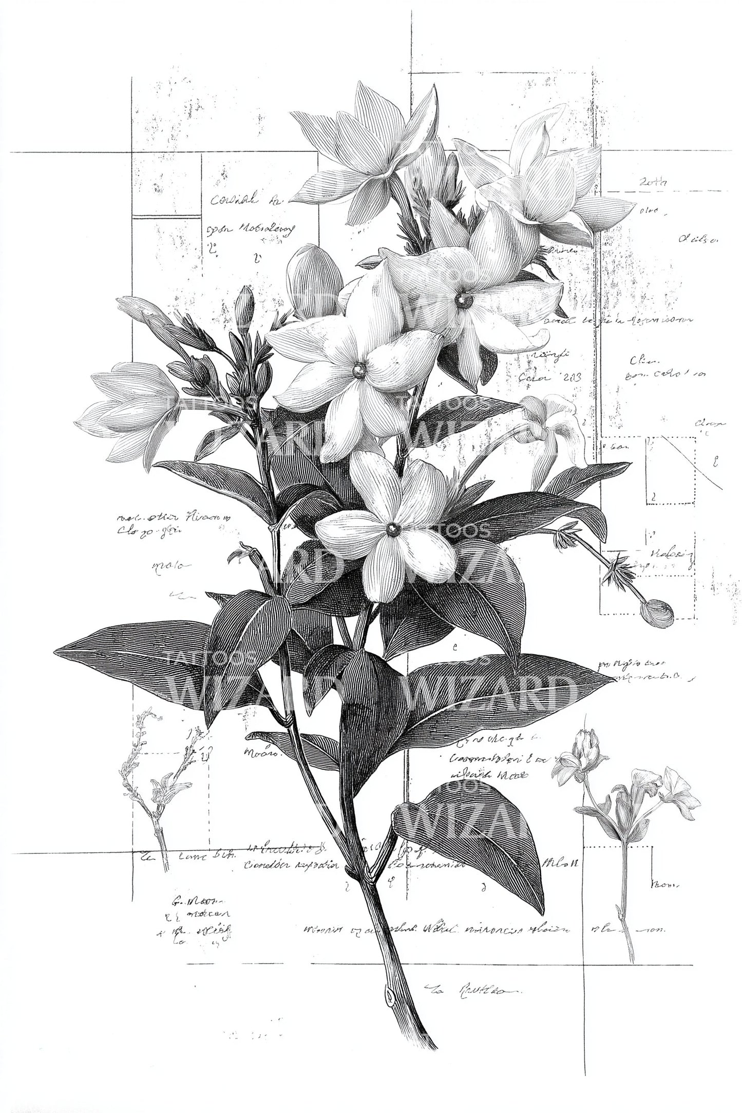 Technical Lily Blueprint Tattoo Illustration