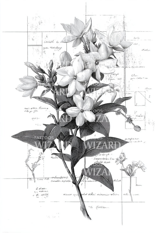 Technical Lily Blueprint Tattoo Illustration