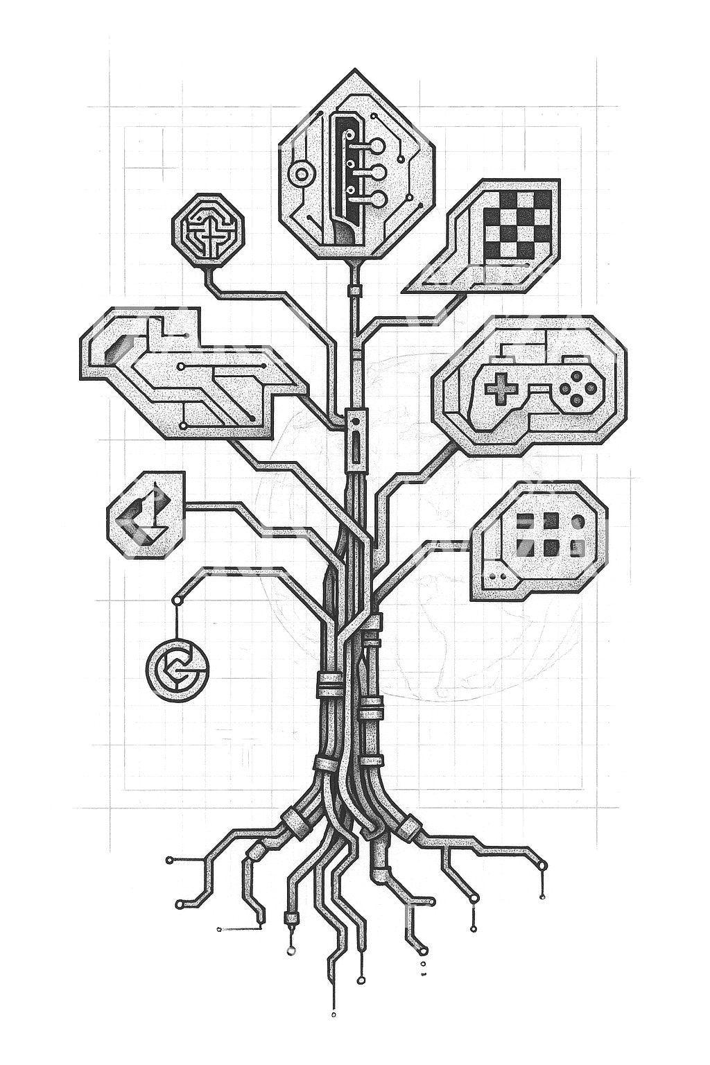 Techno Knowledge Tree Tattoo Illustration