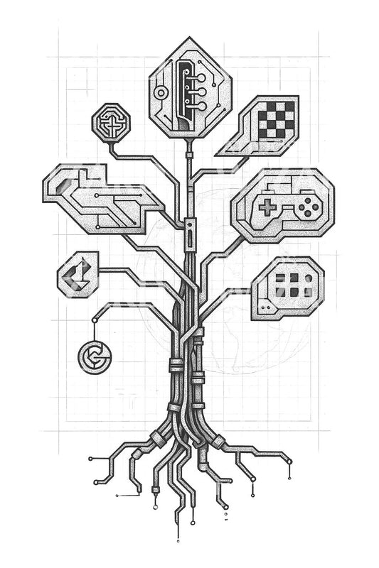 Techno Knowledge Tree Tattoo Illustration