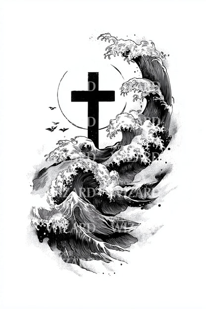暴风浪尖十字纹身设计