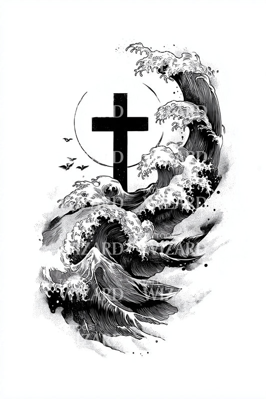 Tempest Crest Cross Tattoo Design